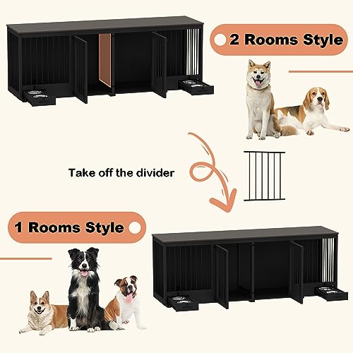 White 86.6" Heavy Duty Wooden Dog Kennel with Dog Bowl Drawers & Divider M272