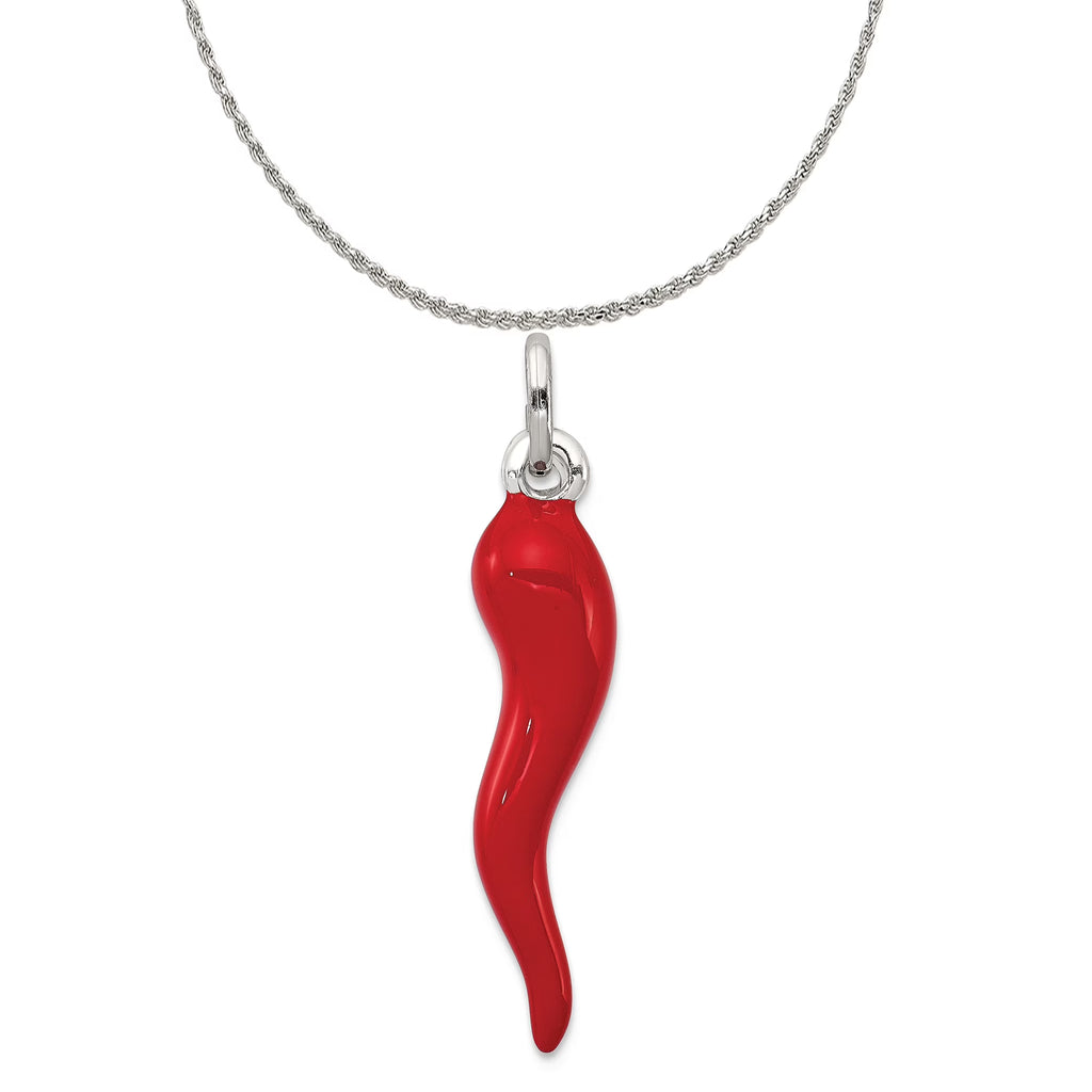 Sterling Silver Red Enamel Italian Horn Charm Pendant with Rope Chain Necklace 16'' U271