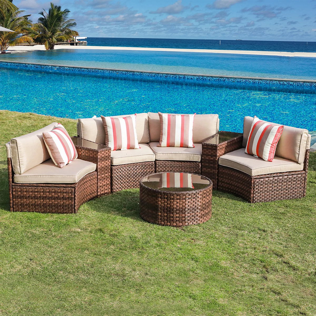 Brown 7-Piece PE Wicker Curved Sectional Sofa Set with Coffee Table Q1261