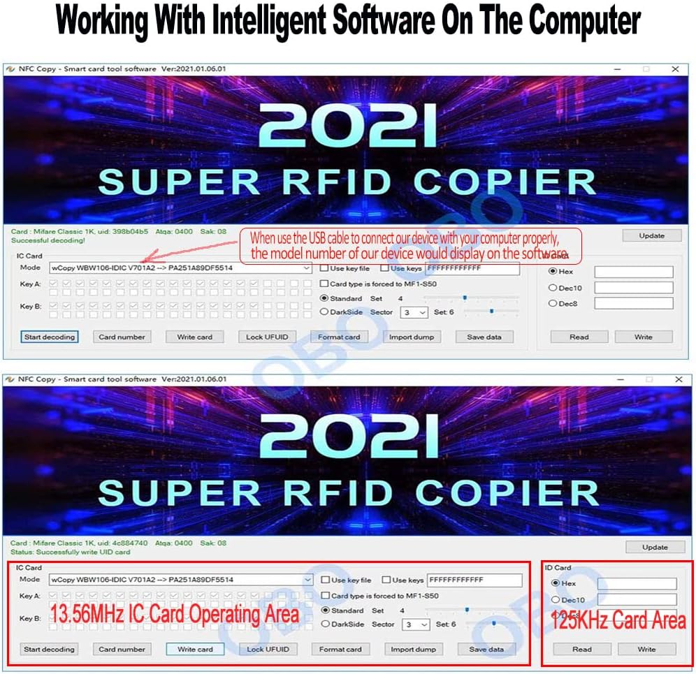 13.56MHz NFC RFID Reader Writer Smart Card Programmer with Key Fob Cards L7346