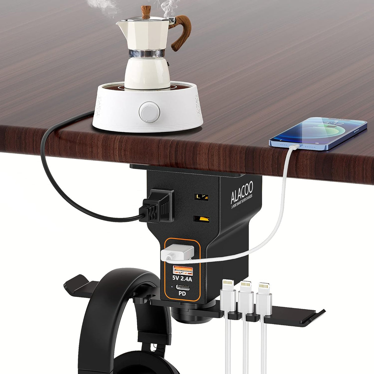Headphone Stand with 2 USB A Charging Port AC Outlets Headset Hanger Charging Station I488097