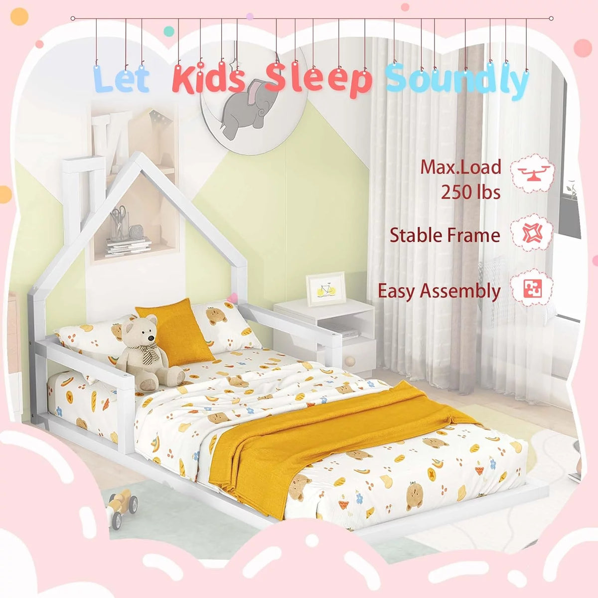 White Wood Floor Bed with House Shape Headboard and Railings B23642