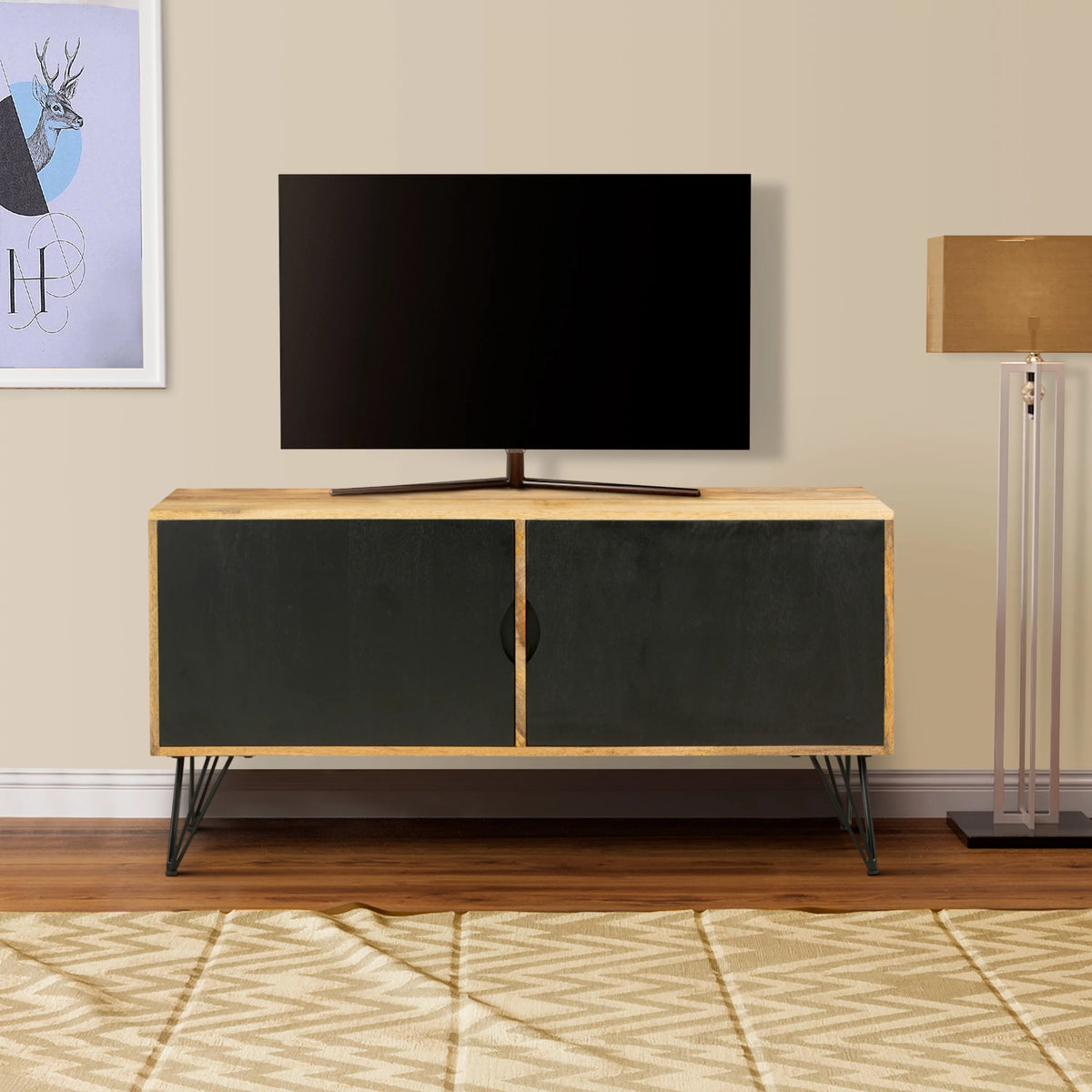 Oak Brown and Black TV Entertainment Unit with 2 Doors M785831