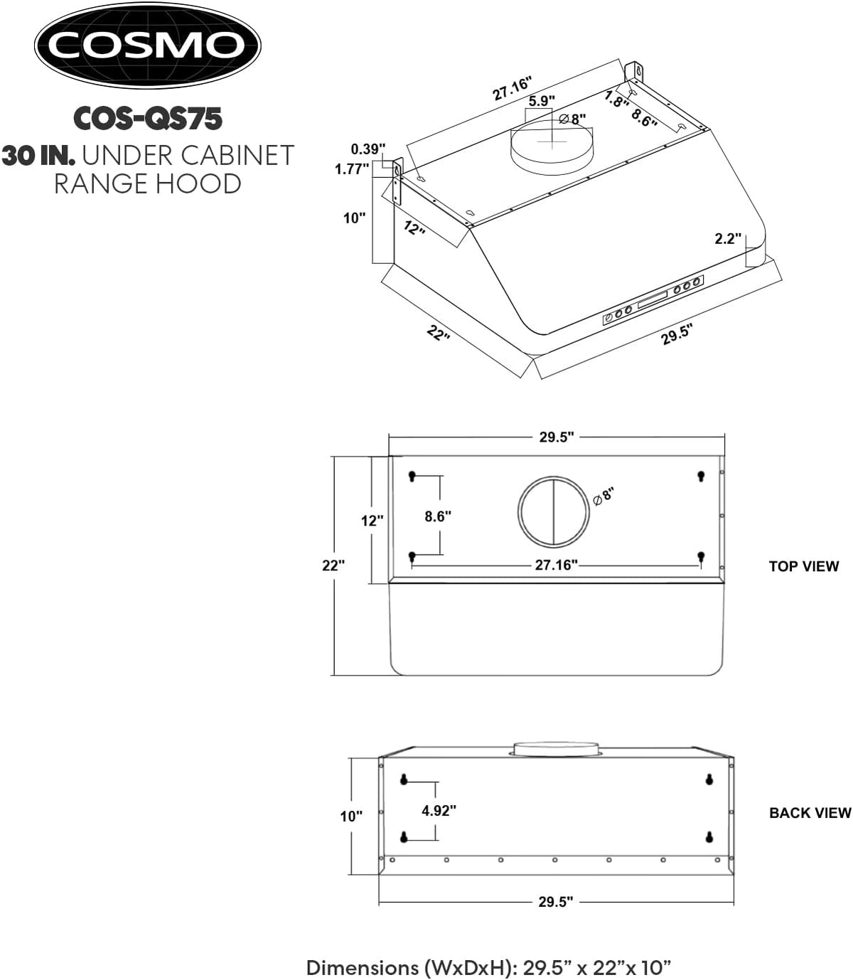 30 in. Under Cabinet Range Hood with 500 CFM, Permanent Filters, LED Lights, Stainless Steel I508033