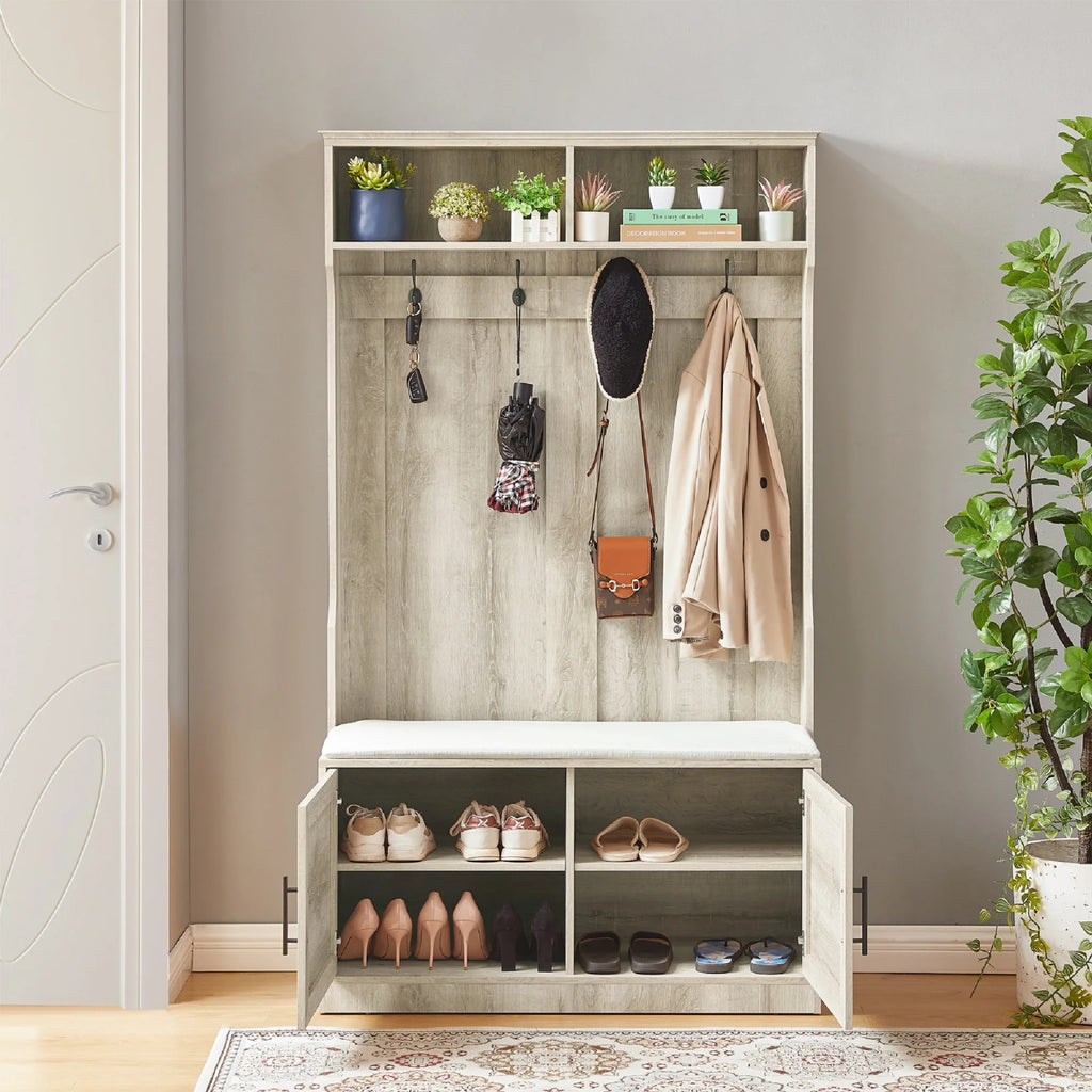 White Oak Entryway Bench with Coat Hooks and Storage Bench F814842