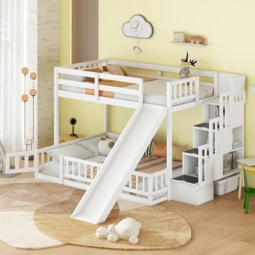 White Twin Over Full Size Pine Wooden Bunk Bed with Slide M240791