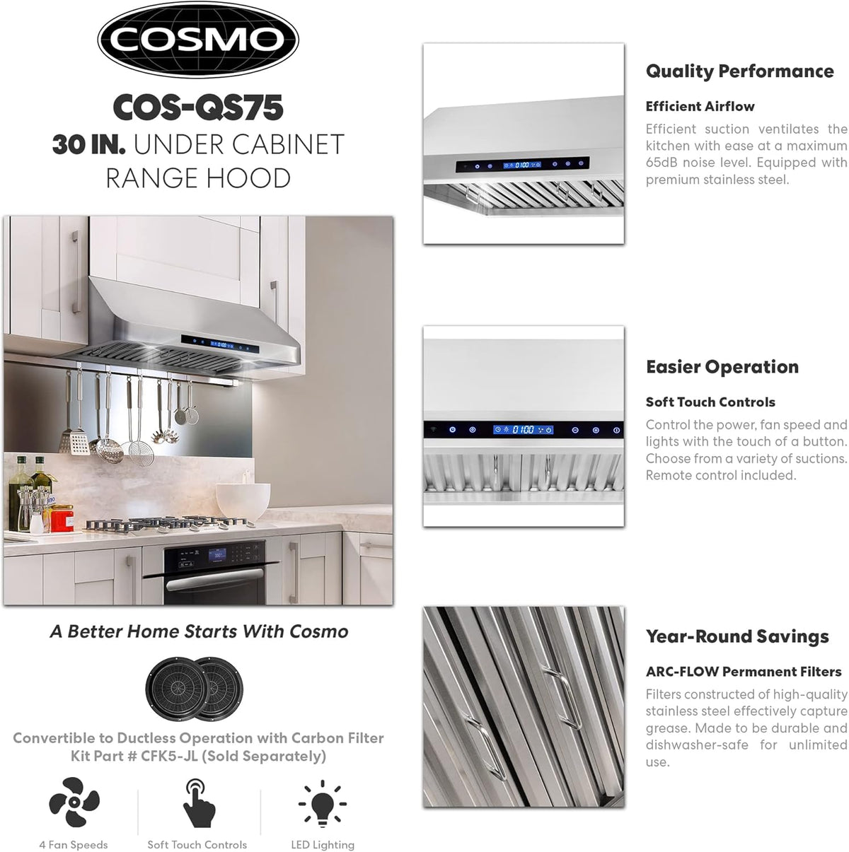 30 in. Under Cabinet Range Hood with 500 CFM, Permanent Filters, LED Lights, Stainless Steel I508033