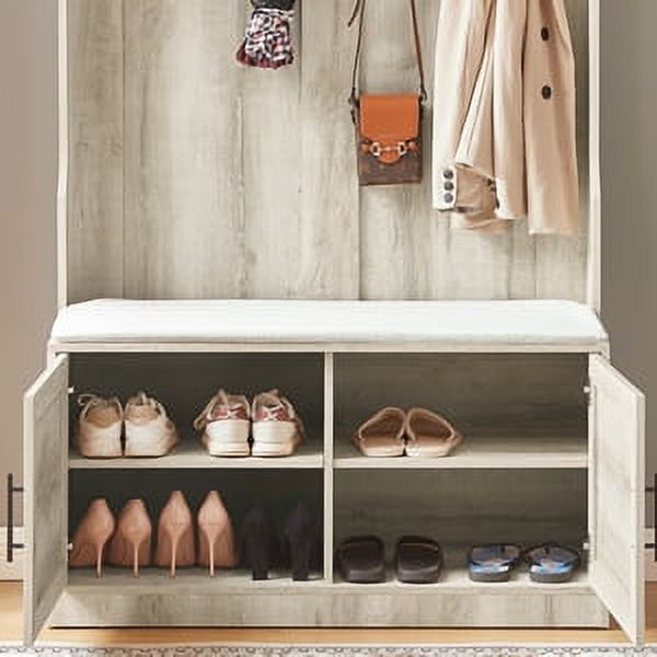 White Oak Entryway Bench with Coat Hooks and Storage Bench F814842