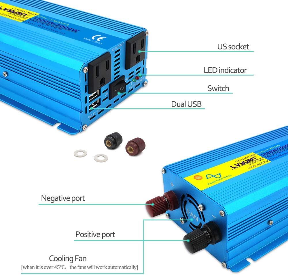 3000 Watt Pure Sine Wave Inverter 12V to 110V DC to AC with LCD Display 4 AC Sockets 4 USB Ports N7828