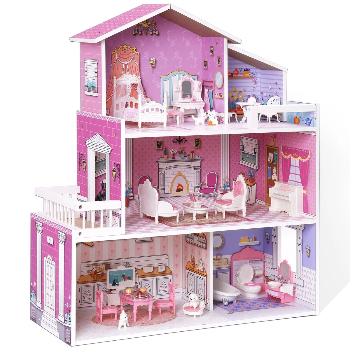 Wooden Dollhouse with 24pcs Furniture Z597045