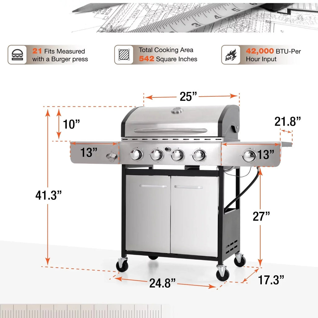 4 Burner Propane Gas Grill with Side Burner Stainless Steel A107521