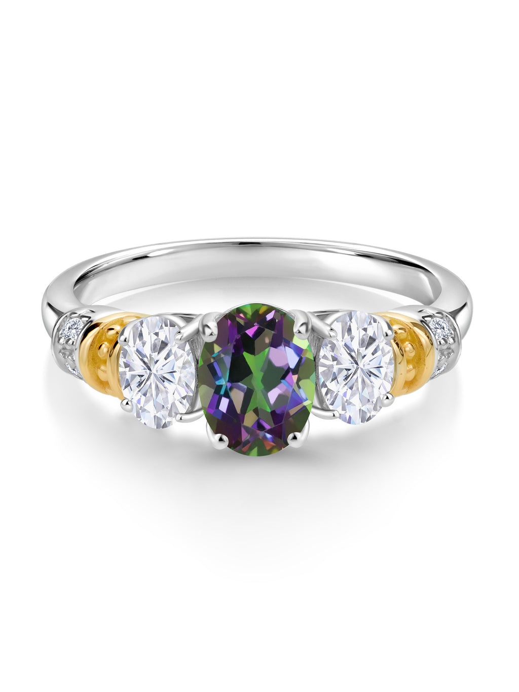 Oval Green Mystic Topaz White Moissanite and White Diamond 3 Stone Ring M12444