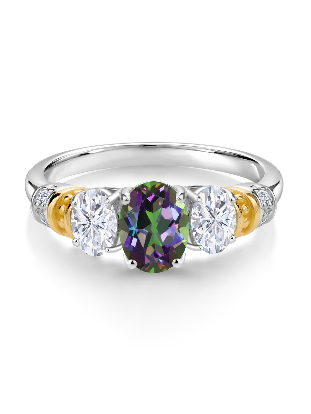 Oval Green Mystic Topaz White Moissanite and White Diamond 3 Stone Ring M12444