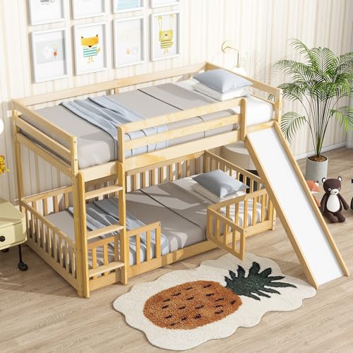 White Twin Over Full Size Pine Wooden Bunk Bed with Slide M240791