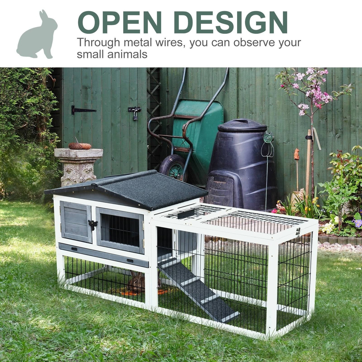 Solid Wood Rabbit Hutch with Black Metal Cage and Easy Clean Tray O183