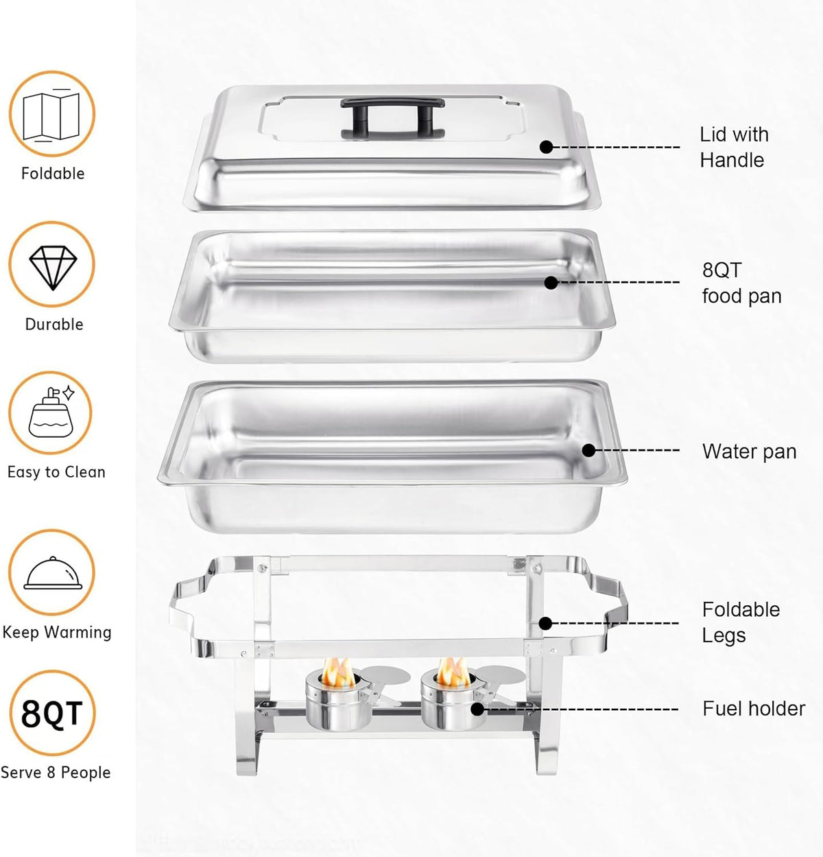 8 Quart Stainless Steel Chafer Buffet Set - 4 Pack H465