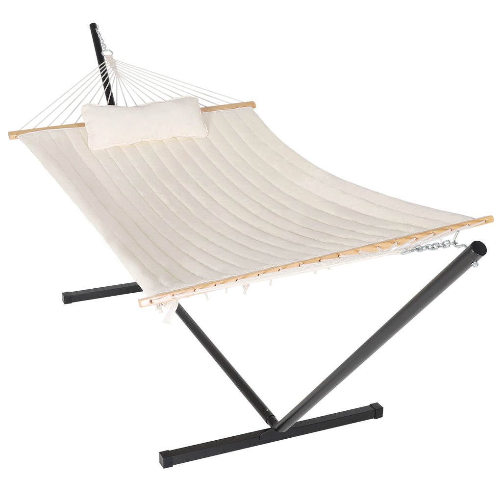2-Person Hanging Hammock with Steel Stand, Cotton Pad & Pillow, 450lbs Capacity, White P729194