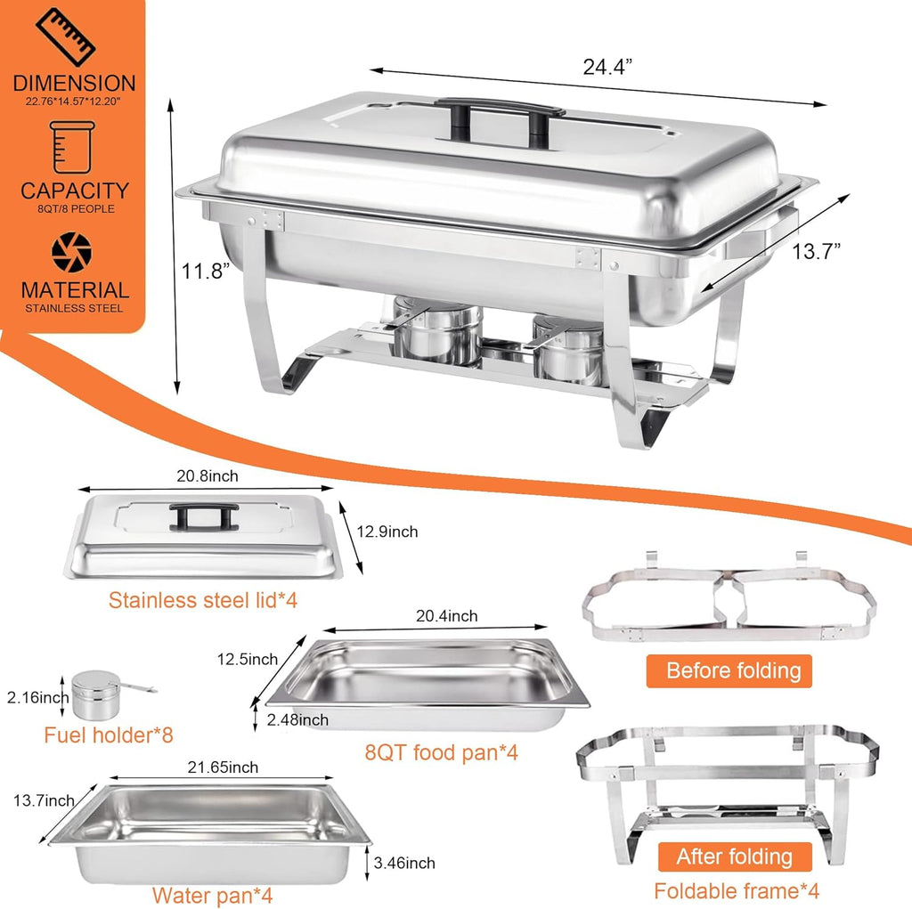 8 Quart Stainless Steel Chafer Buffet Set - 4 Pack H465