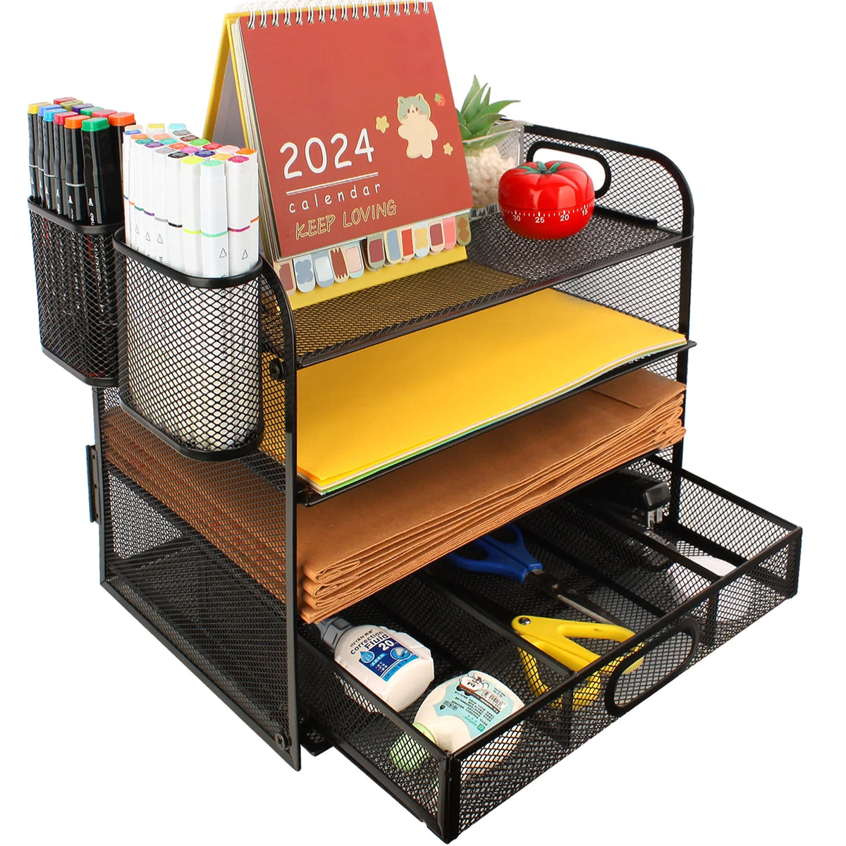 4-Tier Metal Mesh Desk Organizer with Drawer D15256
