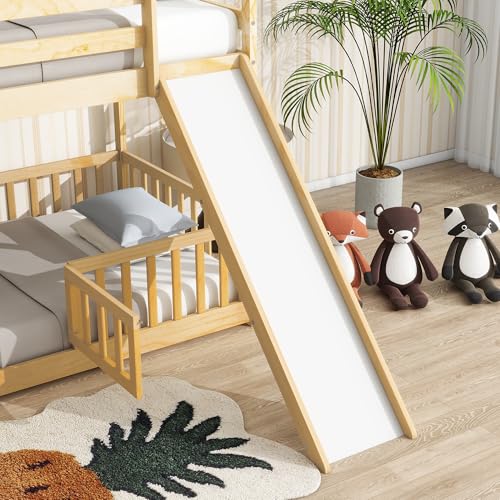 White Twin Over Full Size Pine Wooden Bunk Bed with Slide M240791