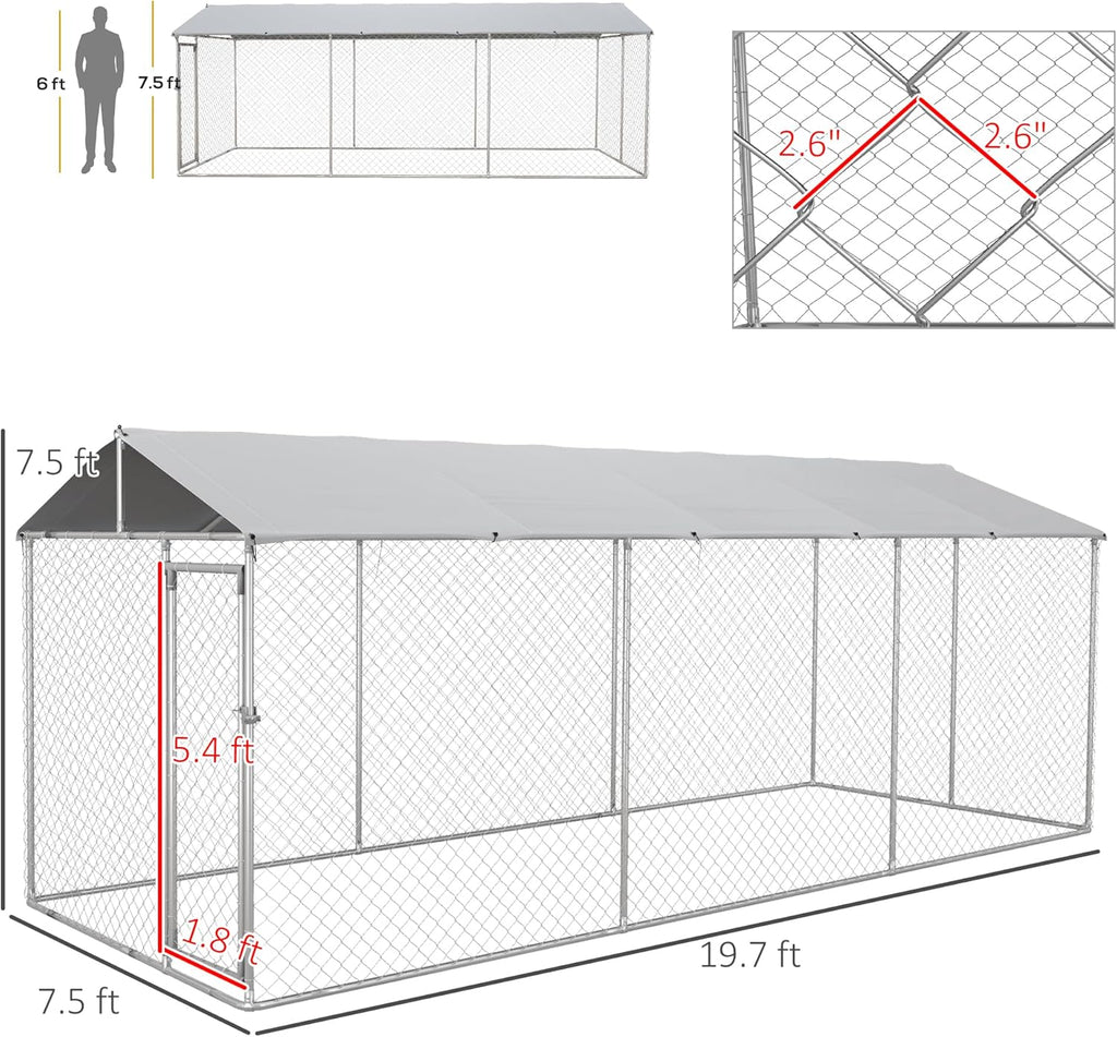 Large Heavy Duty Dog Kennel with Waterproof Cover, Galvanized Chain Link, 19.7' x 7.5' x 7.5' L783