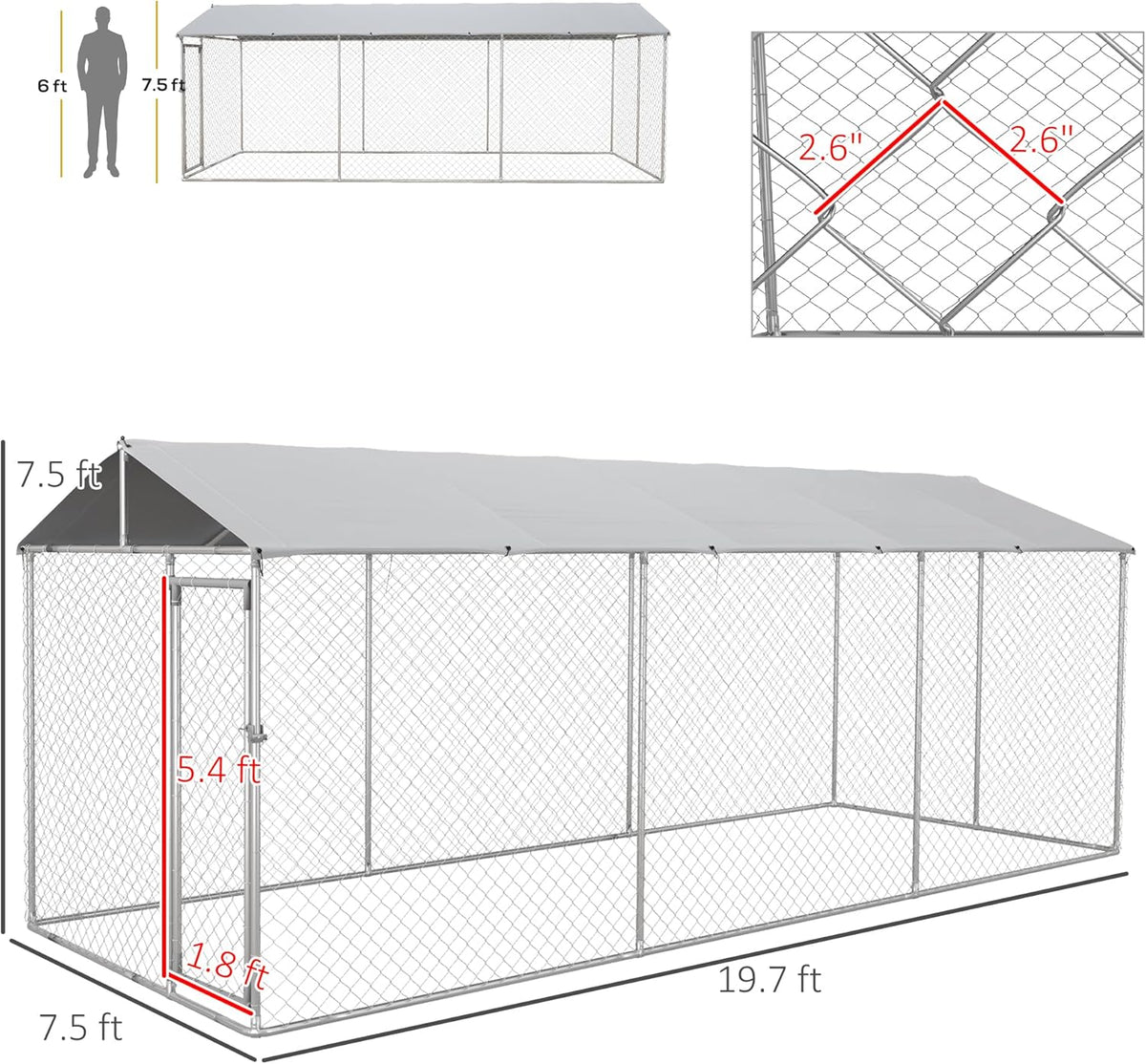Large Heavy Duty Dog Kennel with Waterproof Cover, Galvanized Chain Link, 19.7' x 7.5' x 7.5' L783