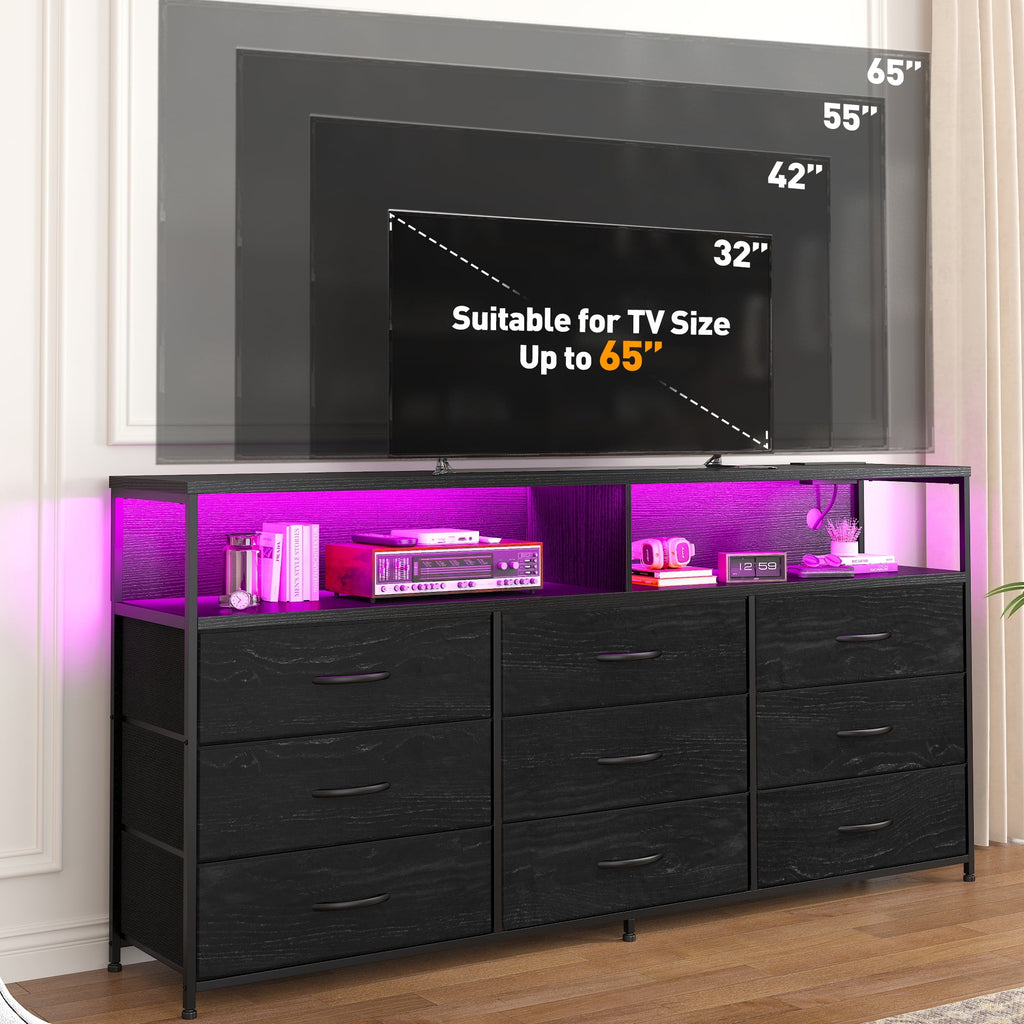 Black Dresser TV Stand with 9 Fabric Drawers & Power Outlet J4003