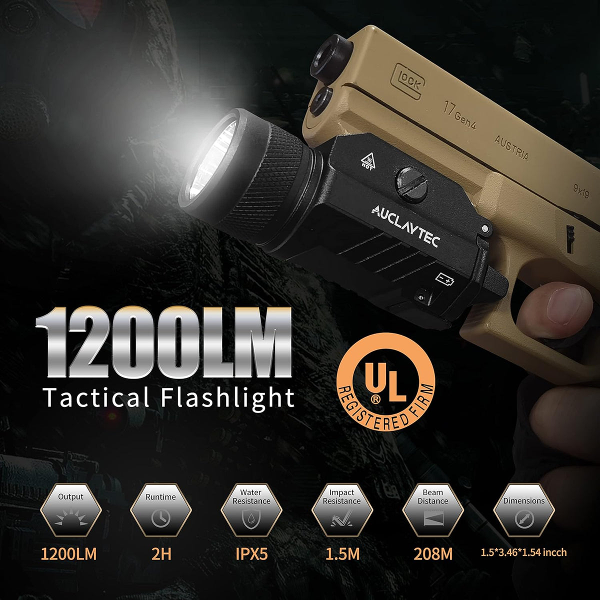 1200 Lumens Mounted Pistol Flashlight with Strobe Mode A363