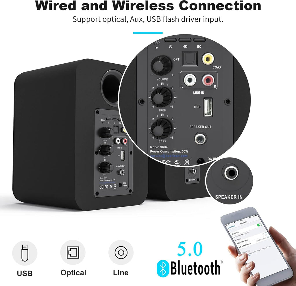 Bluetooth Bookshelf Active Speakers, 50W RMS, Pair, Black G43287