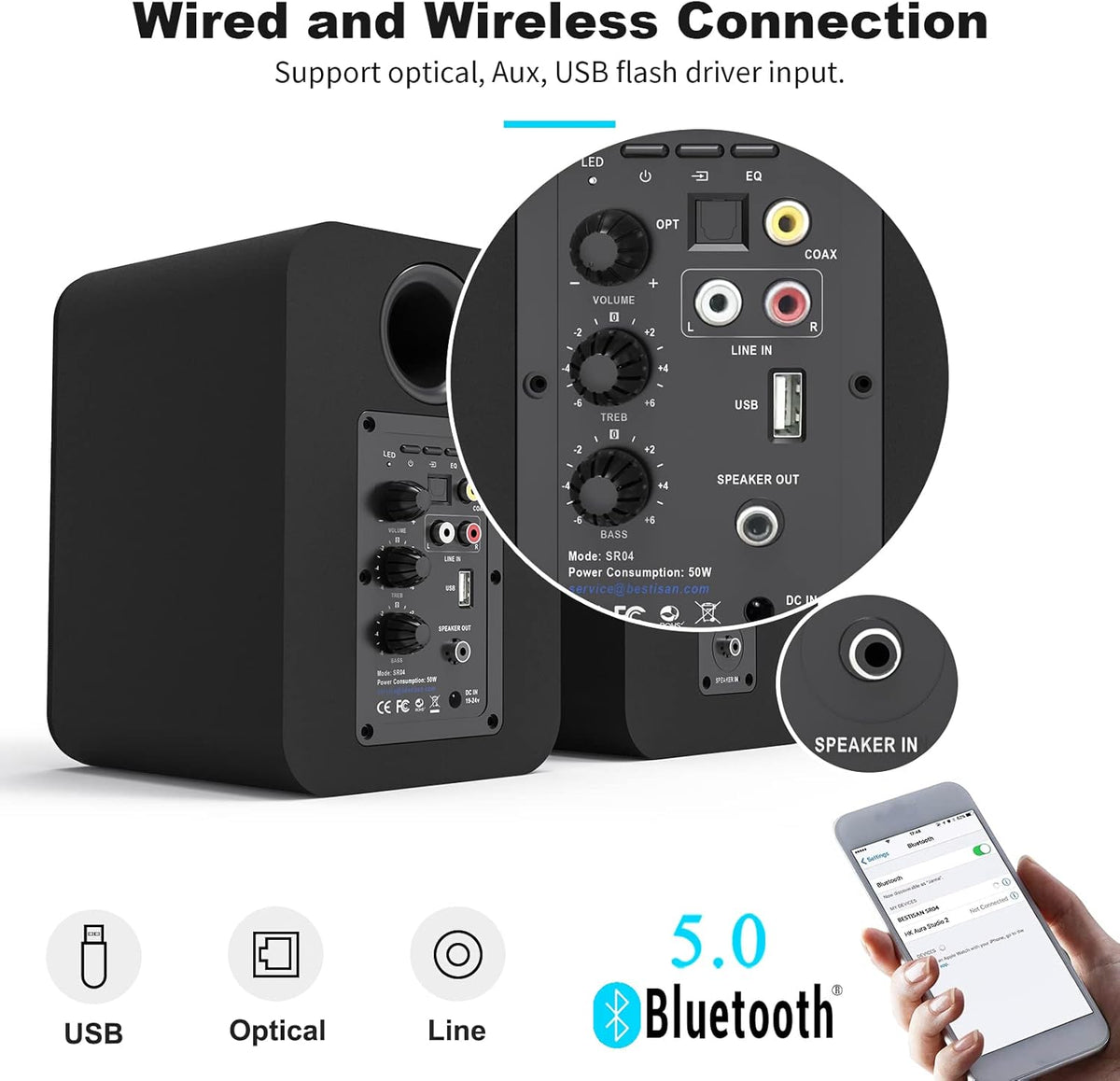 Bluetooth Bookshelf Active Speakers, 50W RMS, Pair, Black G43287
