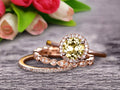 10k Rose Gold Art Deco 2.25 Carat 6mm Round Cut Champagne Diamond Moissanite Wedding Ring Set Matching Band E208