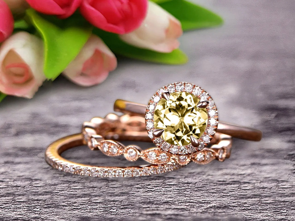 10k Rose Gold Art Deco 2.25 Carat 6mm Round Cut Champagne Diamond Moissanite Wedding Ring Set Matching Band E208