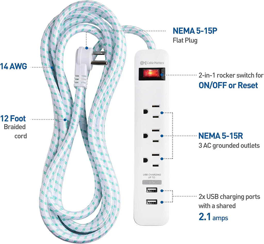 2-Pack 3 Outlet Surge Protector Power Strip with USB Charging Ports White I2920