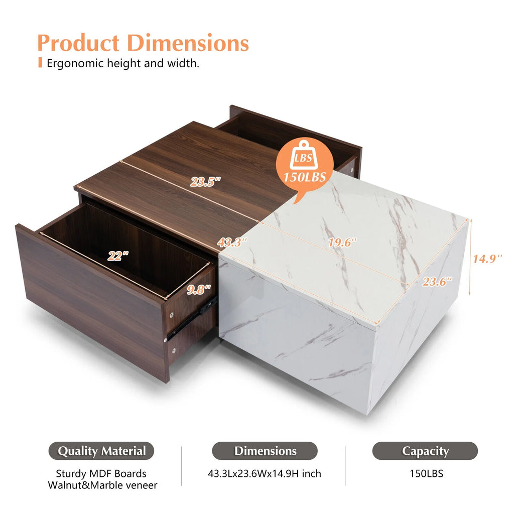 Walnut and Marble White Coffee Table with 2 Storage Drawers H2273