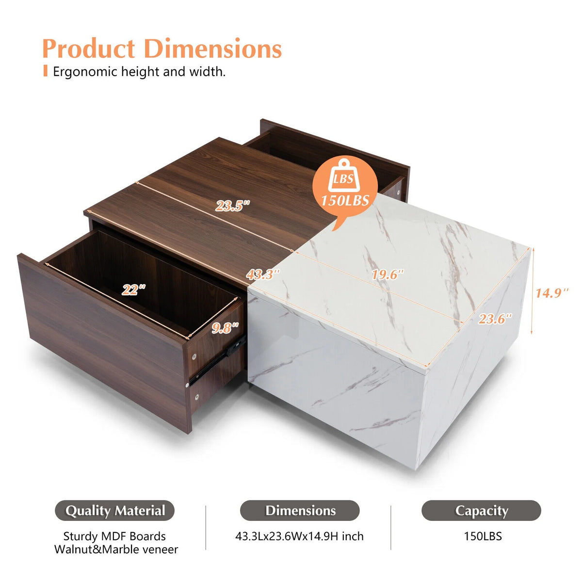 Walnut and Marble White Coffee Table with 2 Storage Drawers H2273