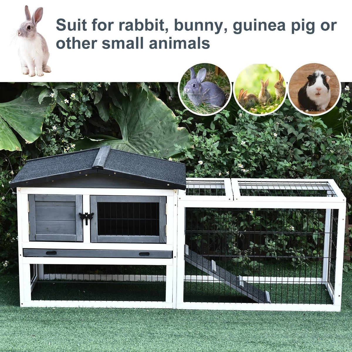 Solid Wood Rabbit Hutch with Black Metal Cage and Easy Clean Tray O183