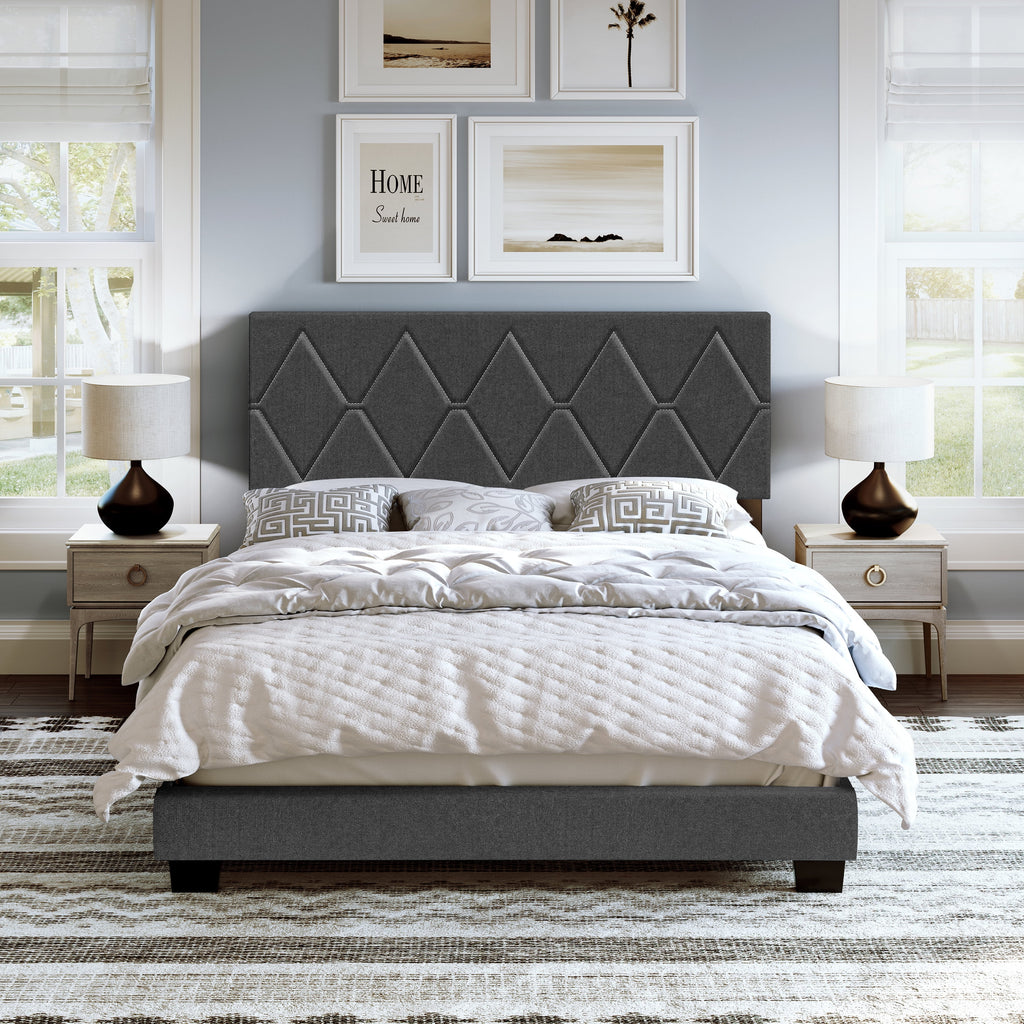 Queen Black Linen Platform Bed H685