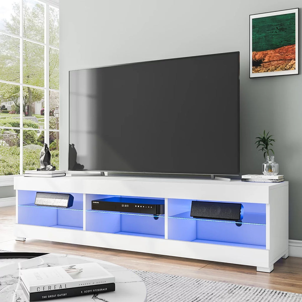 White TV Stand with LED Lights and Glass Shelf A281