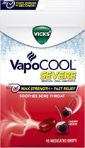 Vicks VapoCool Severe Medicated Sore Throat Drops, Max Strength Menthol, Cherry Flavor, 45ct D325235