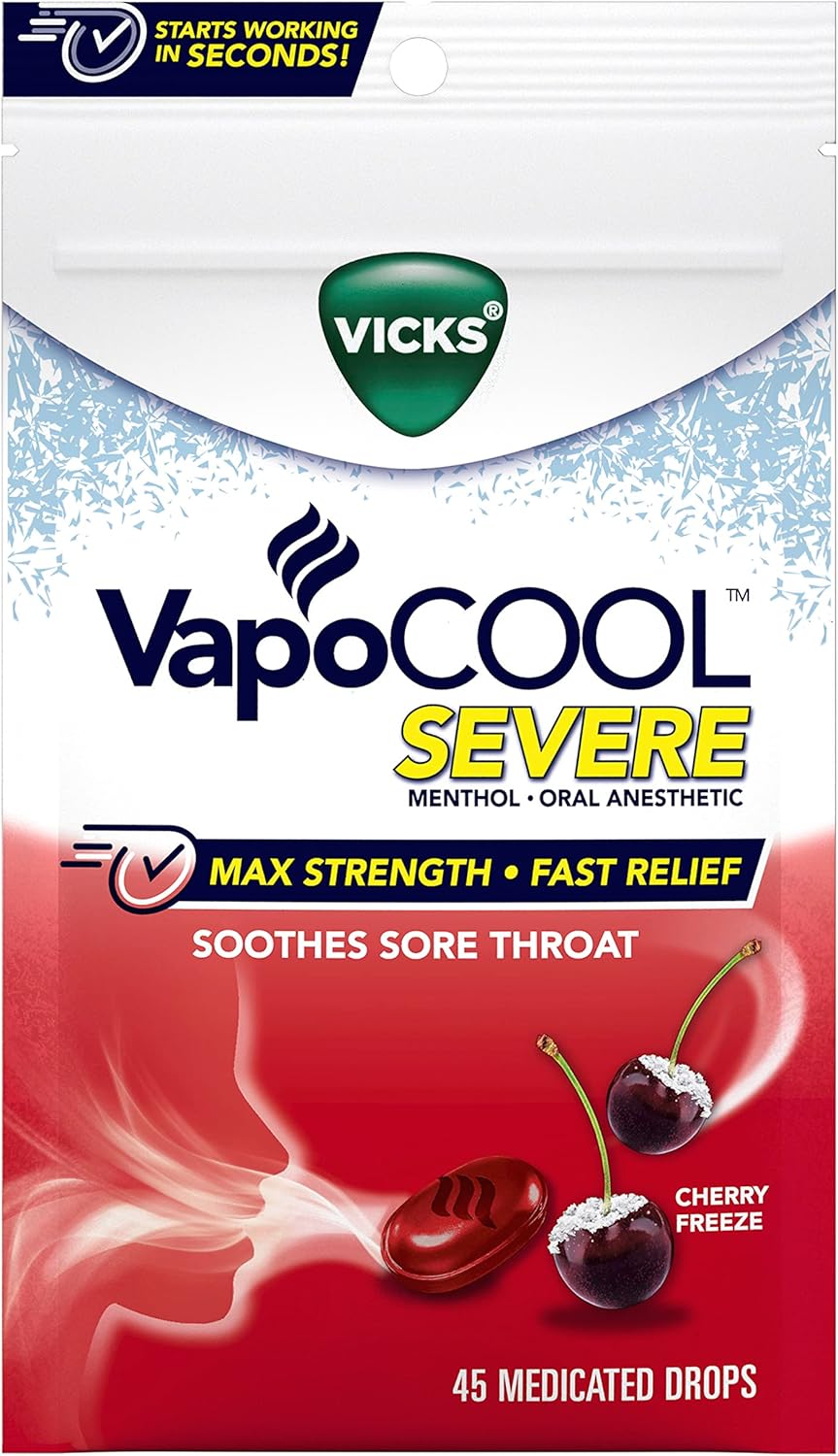 Vicks VapoCool Severe Medicated Sore Throat Drops, Max Strength Menthol, Cherry Flavor, 45ct D325235