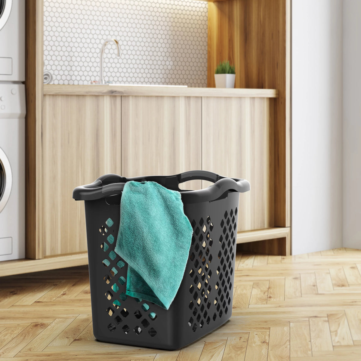 Black 2 Bushel Plastic Laundry Basket with Handles, 2 Pack K9260