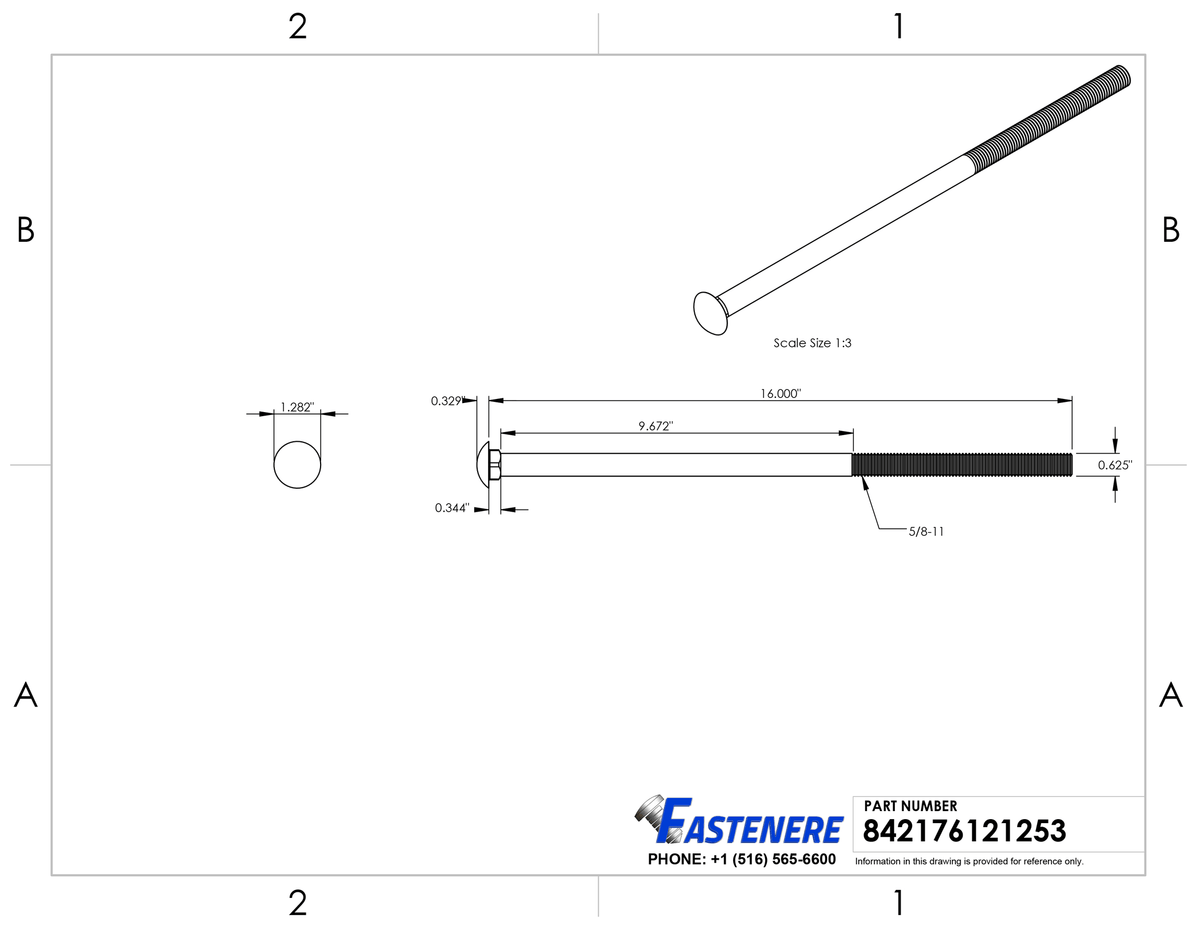 5/8-11 x 16x22 Stainless Steel Carriage Bolts Qty 5 Z86571