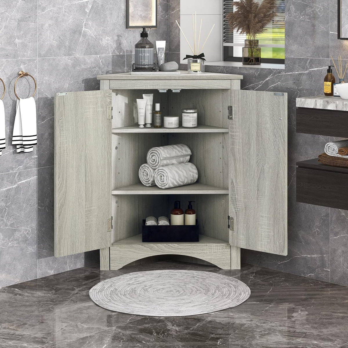 Grey Bathroom Corner Cabinet with Two Doors T838