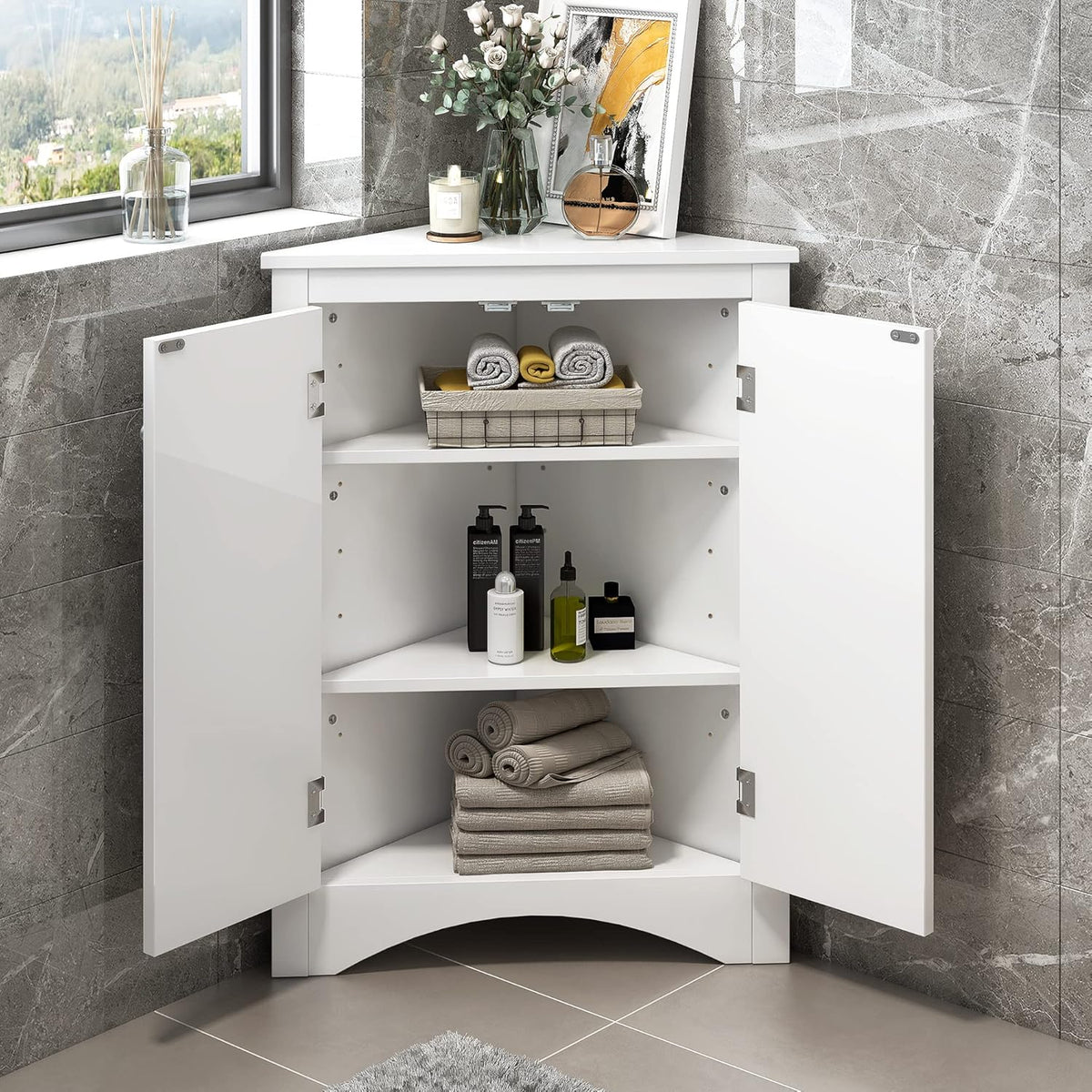 Grey Bathroom Corner Cabinet with Two Doors T838