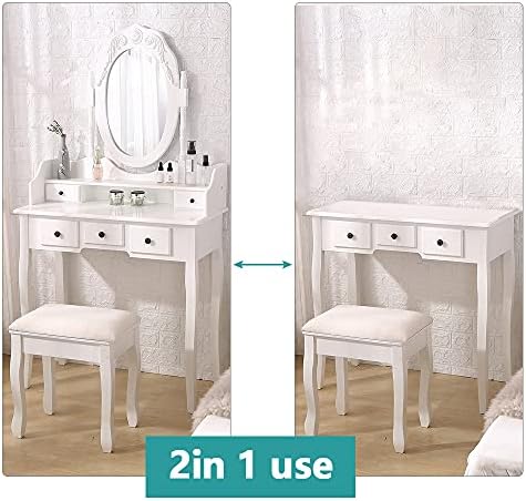 White Vanity Mirror Table Set with Stool E828839
