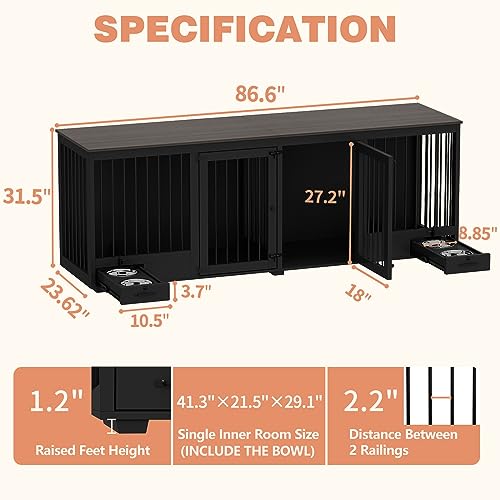 White 86.6" Heavy Duty Wooden Dog Kennel with Dog Bowl Drawers & Divider M272