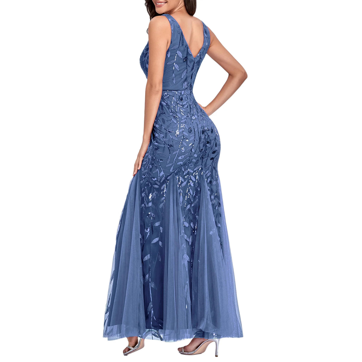 Sleeveless V-neck Tulle Embroidery Sequins Cocktail Mermaid Bridesmaid Dress J57844