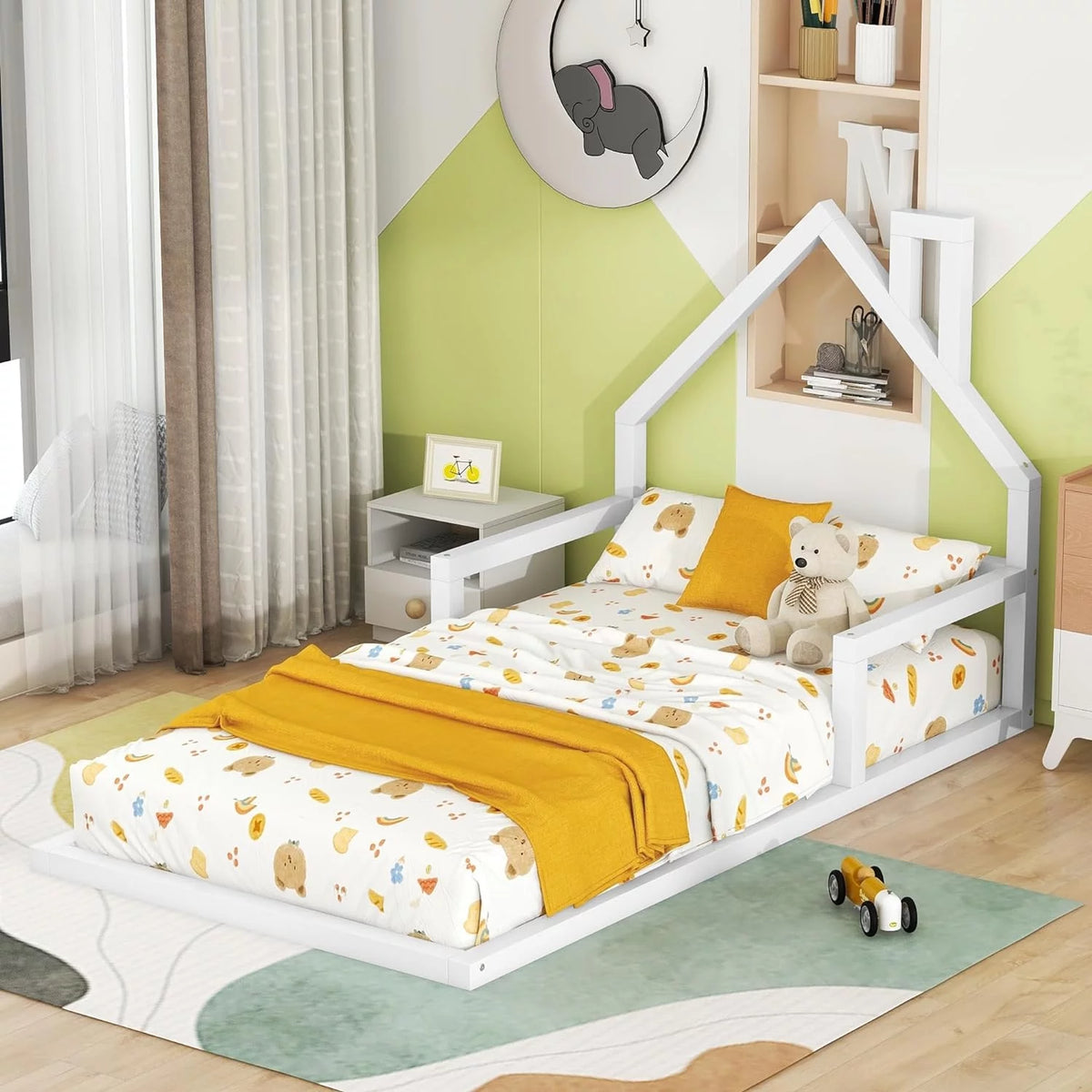 White Wood Floor Bed with House Shape Headboard and Railings B23642