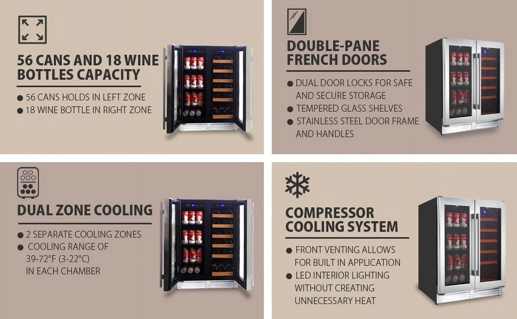 18 Bottles and 56 Cans 24 Inch Dual Zone Wine Cooler and Beverage Fridge A78191