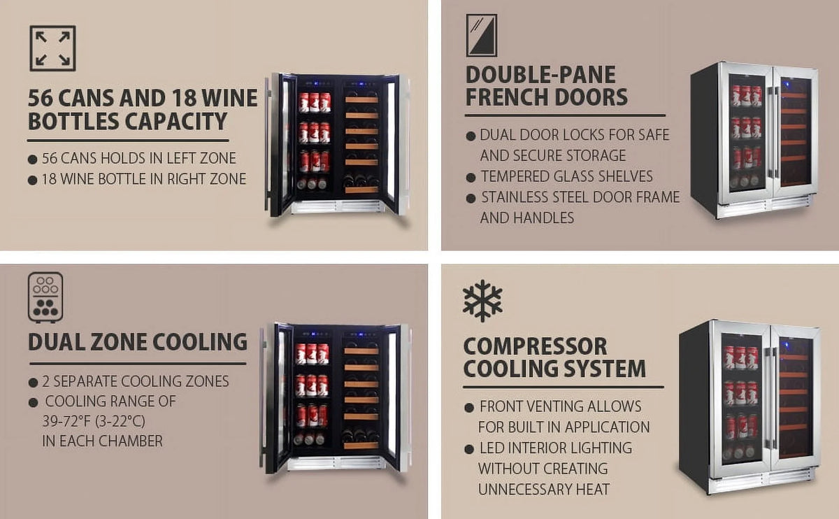 18 Bottles and 56 Cans 24 Inch Dual Zone Wine Cooler and Beverage Fridge A78191